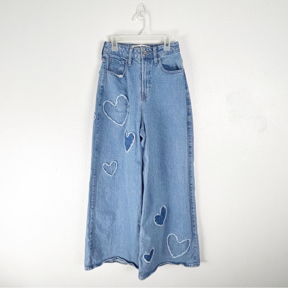 SOCIAL TOURIST Blue Ultra High Rise Baggy Hearts Patches Wide Leg Jeans 26 Boho